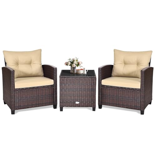 3 Piece Patio Furniture Set, Outdoor Conversation Set with Washable Cushions & Tempered Glass Tabletop, PE Rattan Wicker Bistro Set for Porch, Garden, Balcony (Beige)