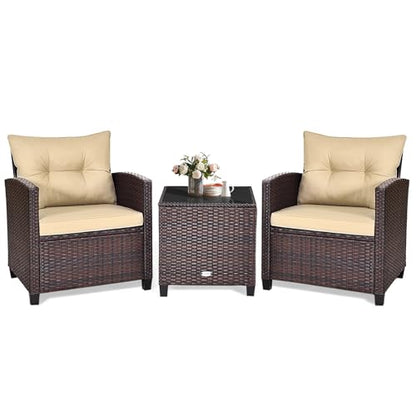 3 Piece Patio Furniture Set, Outdoor Conversation Set with Washable Cushions & Tempered Glass Tabletop, PE Rattan Wicker Bistro Set for Porch, Garden, Balcony (Beige)