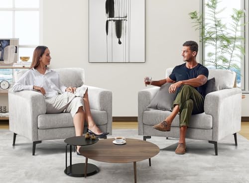Accent Chair, Linen Fabric Oversized Mid Century Modern Chair Set of 1, Comfy Upholstered Armchair Reading Accent Chairs Sofa Chairs for Bedroom Living Room, Light Gray