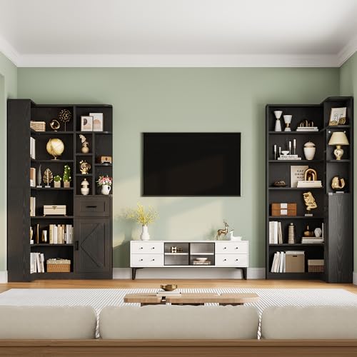 74'' Tall Corner Bookshelf, 6-Tier Book Shelf with Drawer and Cabinets, view 4