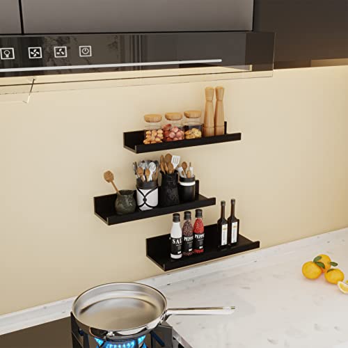 16 Inch Black Floating Shelves for Wall Mount, Woodgrain Wall Shelf Ledge for Bathroom Bedroom Kitchen Living Room Office Storage, Set of 3 Different Sizes