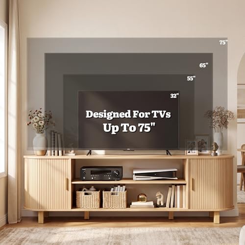 70" Mid Century TV Stand with Fluted Sliding Doors, Natural Oak, view 7