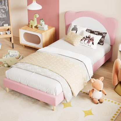 Twin Size Bed Frame for Kids - Cute Velvet Princess Platform Bed with Upholstered Headboard for Girls/Boys, Solid Wood Slats Support, No Box Spring Needed, Pink + White