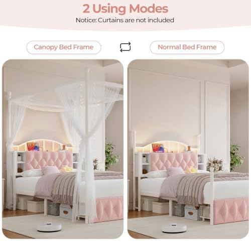 Queen Size Upholstered LED Canopy Bed Frame with 2 Drawers and & Charging, view 8