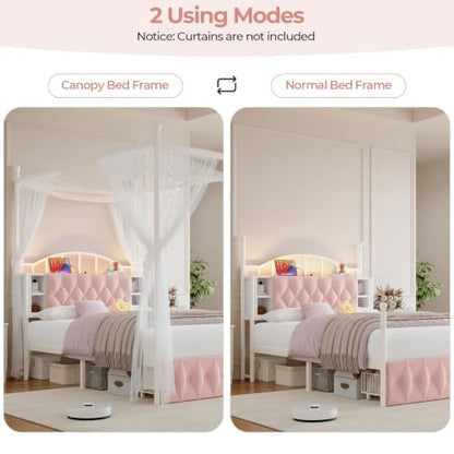 Queen Size Upholstered LED Canopy Bed Frame with 2 Drawers and & Charging, view 8