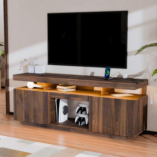Modern LED TV Stand for 75 Inch TV, Walnut TV Console with Power Outlet, Entertainment Center with Storage for 75/70/65 inch TVs, Rustic Gaming Media Console Cabinet for Living Room (64 Inch)