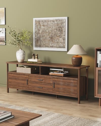 70" Long TV Stand, Mid Century Modern Entertainment Center with Open Shelves, view 7