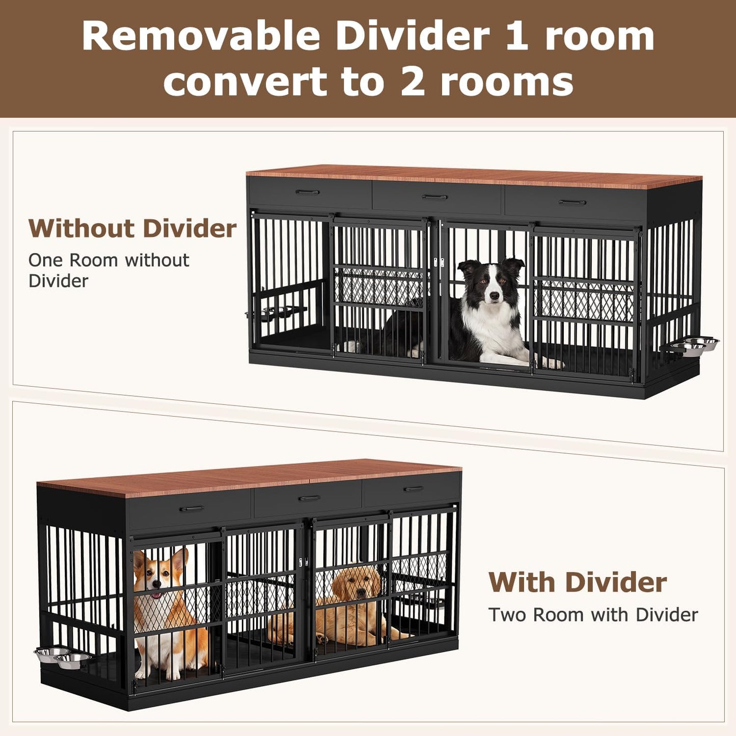 78.7" Extra Large Dog Crate Furniture, Double Dog Kennel with 3 Storage Drawers for 1 or 2 Dogs Heavy Duty Dog Cage as TV Stand with Removable Divider&360°Rotating Steel Bowls for Large Dogs