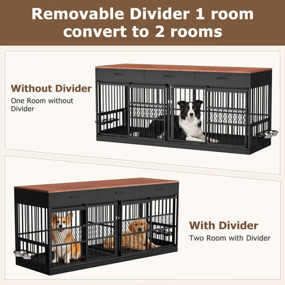 78.7" Extra Large Dog Crate Furniture, Double Dog Kennel with 3 Storage Drawers for 1 or 2 Dogs Heavy Duty Dog Cage as TV Stand with Removable Divider&360°Rotating Steel Bowls for Large Dogs