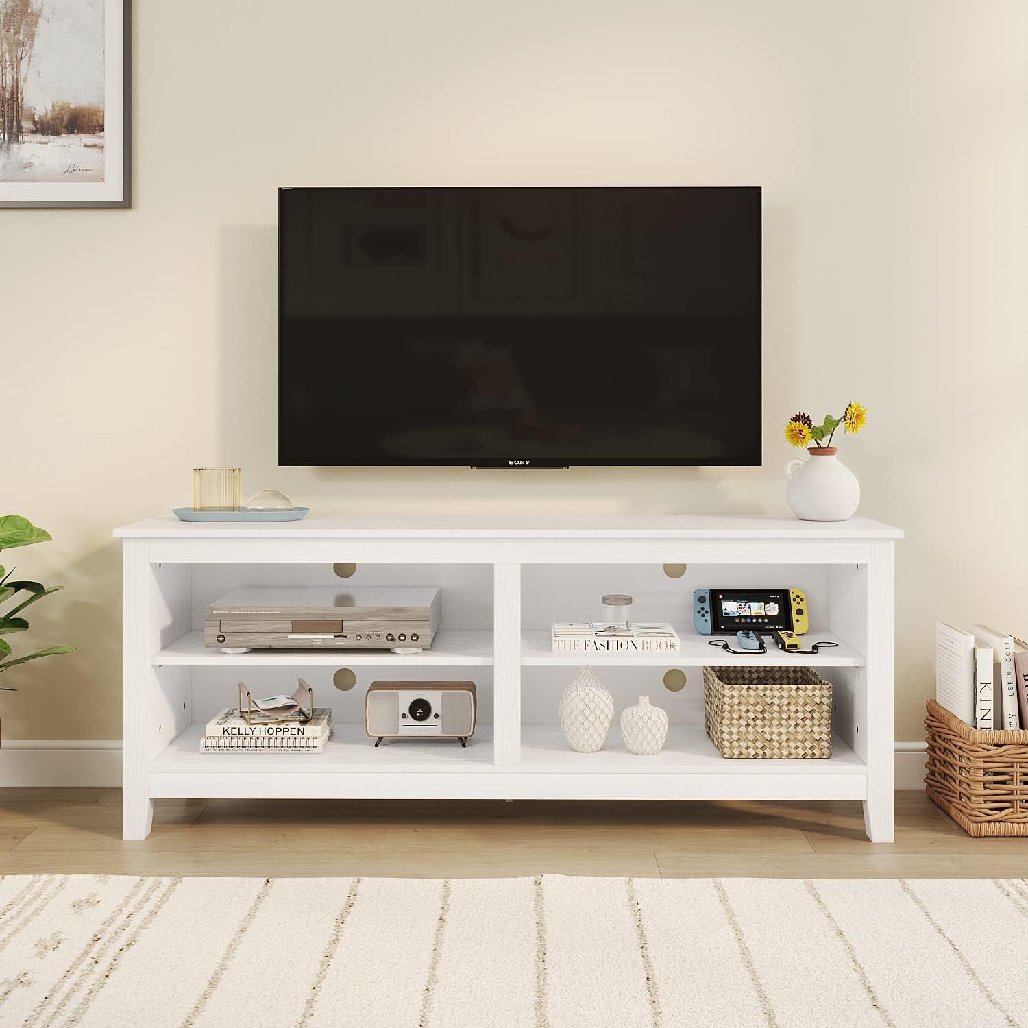 TV Stand, Classic 4 Cubby TV Stand for 60 Inch TV, Entertainment Center Media Television Stand for Living Room Bedroom (White, 55 Inch)