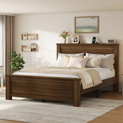 Wooden Platform Full Bed Frame with Charg3 Station, Thick Headboard, Brown, view 4