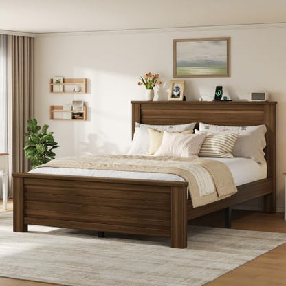 Wooden Platform Full Bed Frame with Charg3 Station, Thick Headboard, Brown, view 4