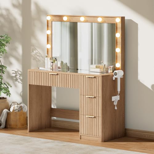 36" Oak Fluted Vanity Desk with Mirror, Adjustable LED & 4 Drawer, view 2