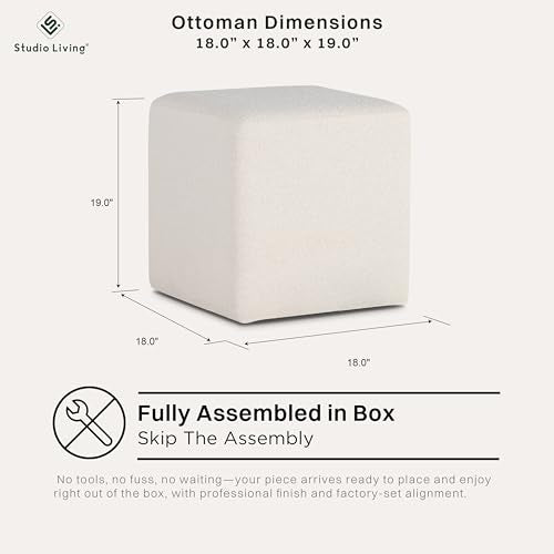 Warren 18" Cube Ottoman, Urban Transitional, Fully Assembled, Soft Boucle Fabric, Snow