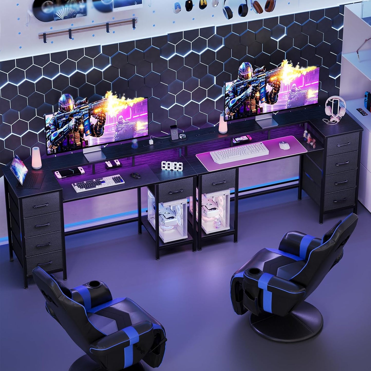 47 Inch Computer Desk with 5 Fabric Storage Drawers,Gaming Desk with Power Outlets & LED Lights,Reversible Home Office Desk with Monitor Stand for Working Writing Study, Black