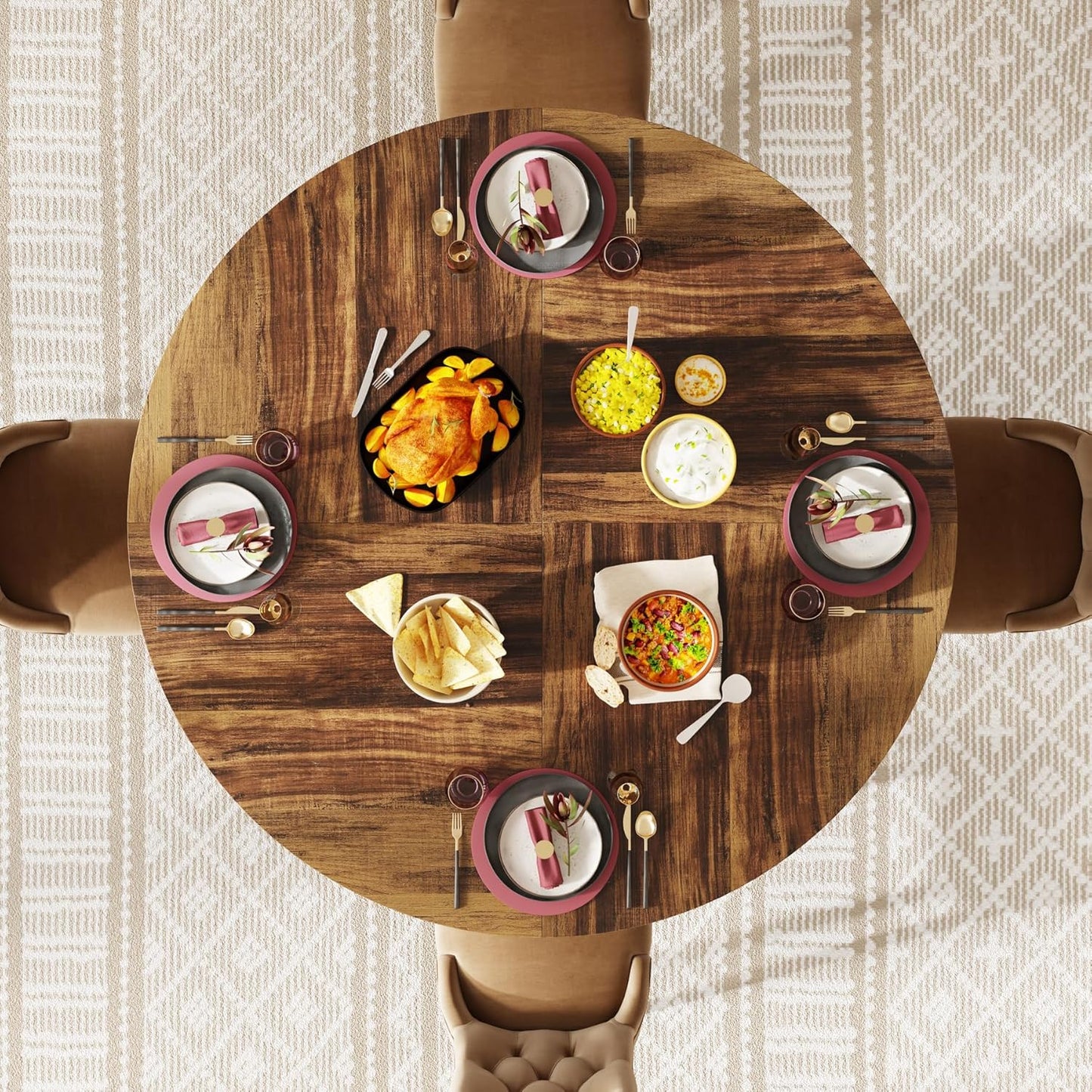 round Dining Table for 4-6 People, 47-Inch Farmhouse Dinning Room Circle Kitchen Table, Industrial Dinner Table with Metal Base for Kitchen, Living Room, Black and Brown