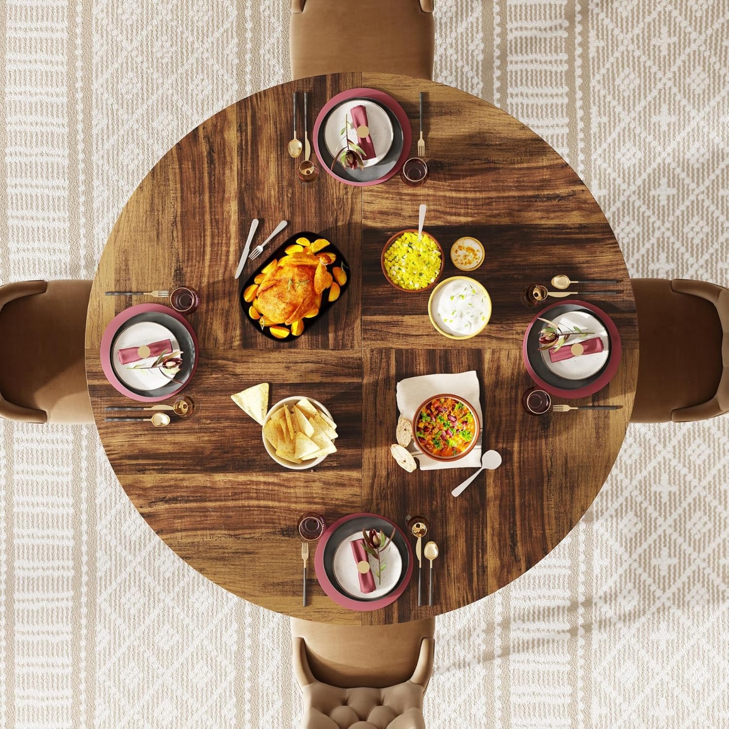 round Dining Table for 4-6 People, 47-Inch Farmhouse Dinning Room Circle Kitchen Table, Industrial Dinner Table with Metal Base for Kitchen, Living Room, Black and Brown