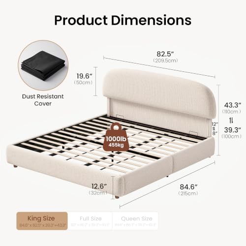 King Lift Up Storage Bed Frame with Adjustable Headboard, Beige, view 3