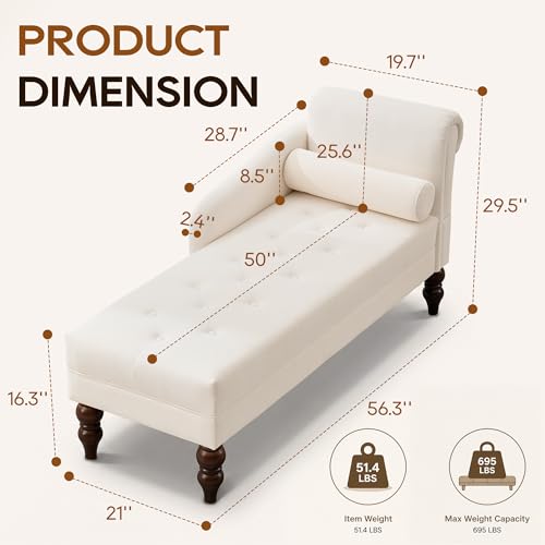 Chaise Lounge Chair Indoor with Right Armrest, Velvet, White, view 3