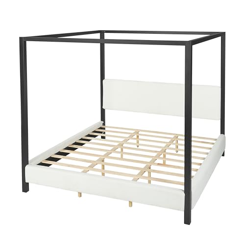 Modern King Szie Metal Canopy Bed with Plush Bouclé Upholstery, view 7