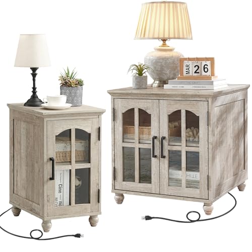Farmhouse End Table Set of 2 with Charging Station, 18'' Narrow Side Table and 24" Large Sofa Table with Glass Barn Door Storage, Wood Night Stand Bedside Cabinet for Living Room,Bedroom