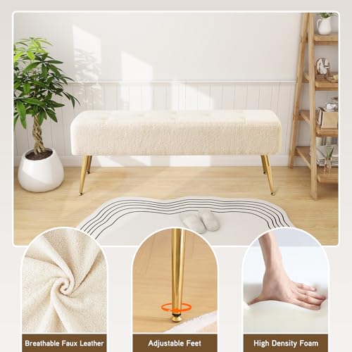 Faux Fur Boho Bench Ottoman Upholstered Tufted Bench with Padded Seat, Footrest Foot Stool with Sturdy Metal Leg, for Bedroom Living Room Entryway