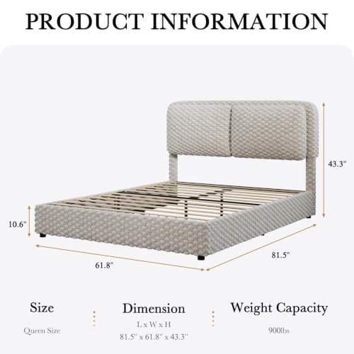 Queen Bed Frame, Upholstered Bed Frame with Headboard, Cream, view 3