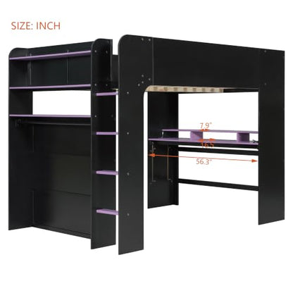Full Size Wood Bunk Bed with Height-Adjustable Desk, Wardrobe, Open Shelves
