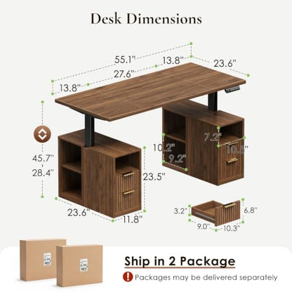 Fluted 55 Inch Electric Standing Desk with 2 Storage Cabinet, Walnut, view 3