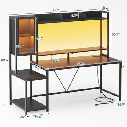 60'' Gaming Desk with Storage, Hutch, Display Cabinet and LED Lights, view 3