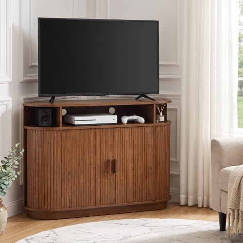 Fluted Corner TV Stand for 55"TV, Modern Corner Entertainment Center Walnut, view 4