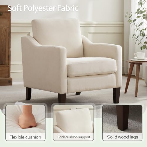 Mid-Century Accent Chairs Set of 2, No Tools Assembly Required, Modern Upholstered Polyester Armchairs for Living Room & Bedroom, Comfortable Reading Chairs with Wood Legs, Beige