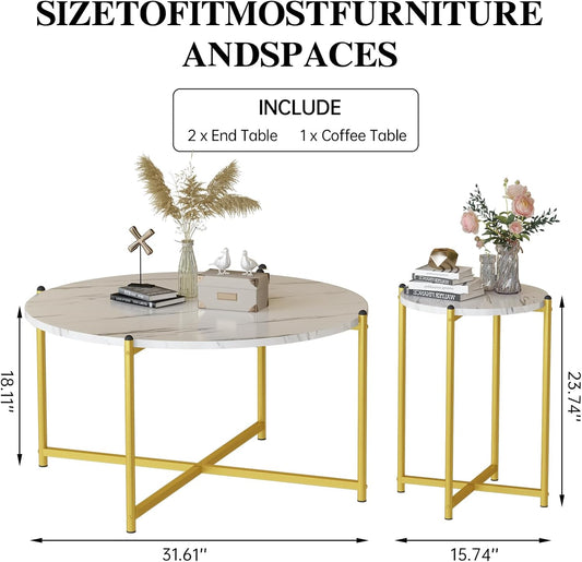 Coffee Table Set of 3,Modern Faux Marble Top with Golden Frame,1 Coffee Table & 2 Accent Table, Living Room Table Set, for Apartment,Office and so On,White & Gold (LCTR-W)