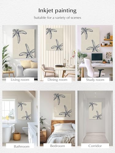 NuYeBiofx Rustic Blue Starfish on Vintage Linen Canvas Wall Art Prints,40"x28" Framed Picture Artwork Marine Life Printed Canvas Oil Painting for Living Room Bedroom Office,Ready to Hang