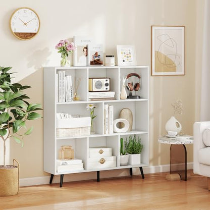 8-Cube Bookcase, 3-Tier Modern Bookshelf with 5 Metal Legs, 39.5" Freestanding Open Storage Organizer with 2 Anti-tip Devices, Mid-Century Display Rack for Living Room (39.5" x 9.5" x 42")