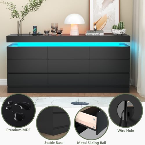 9 Drawer Dresser with Power Outlet, Modern Dresser with LED Light, view 7