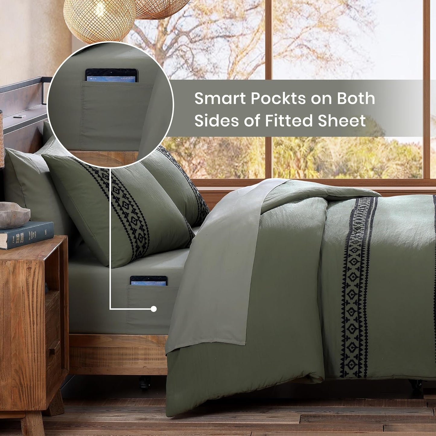 MAIREVE Embroidery Comforter Sets King Size Olive Green - 7 Pieces, Farmhouse Western Bedding Comforter Set, All Season Bed in a Bag King with Sheets, Comforters, Pillowcases & Shams