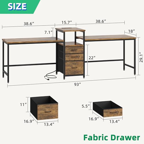 93'' Two Person Desk with Charging Station, Long Desk with 3 Drawers and Printer Shelf, Double Computer Desk, 2 Person Writing Study Table Workstation for Home Office, Rustic Brown