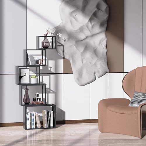 5-Tier Black Unique Metal Bookshelf – 49.2" Modern Bookcase for Books, CDs, view 3