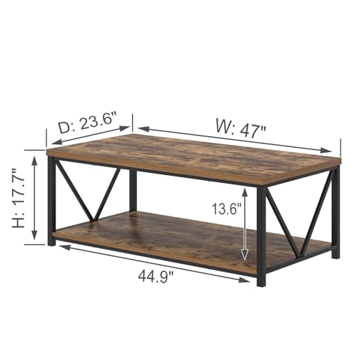 Modern Coffee Table, Rustic Wood and Metal Living Room Table with Storage Shelf, Industrial Rectangle Center Table, 47 Inch Brown