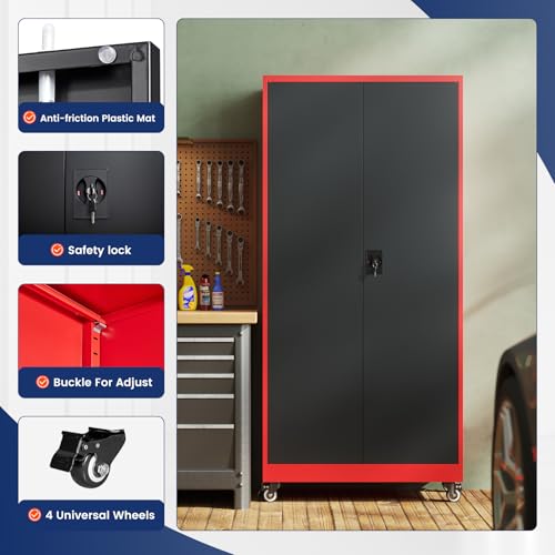 Metal Garage Storage Cabinet with Locking Doors and Adjustable Shelves, 75" Rolling Steel Tool Cabinet for Home Office,Garage,Warehouse