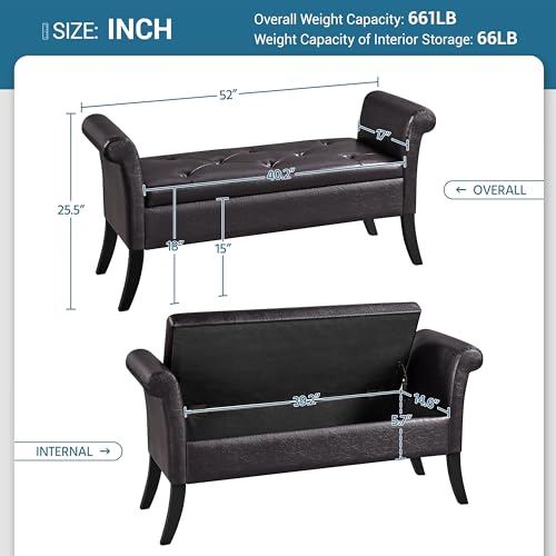 Yaheetech Ottoman with Storage, 52" PU Leather Storage Ottoman Bench with Safety Hinge, Upholstered Bench with Seating for Bedroom, Living Room, Holds up to 661 lb, Dark Brown
