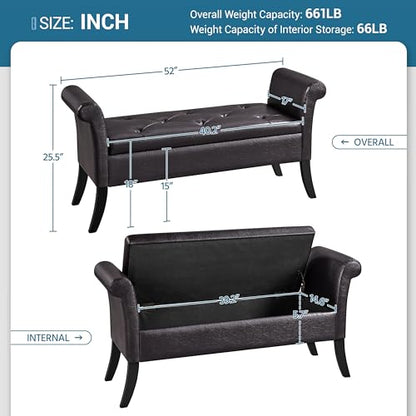 Yaheetech Ottoman with Storage, 52" PU Leather Storage Ottoman Bench with Safety Hinge, Upholstered Bench with Seating for Bedroom, Living Room, Holds up to 661 lb, Dark Brown