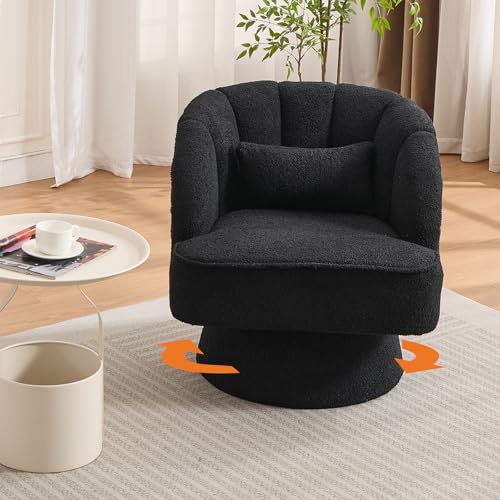 Modern Swivel Teddy Fabric Armchair with Striped Backrest and Plush Padding in Black, view 2