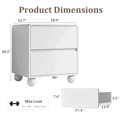 Mid-Century 3-Piece Dresser Bedroom Set, 6 Drawer Dresser & 2 Drawer Nightstands with Curved Profile Design & Handle Free, Wood Chest of Drawers for Bedroom, Living Room, Hallway, White