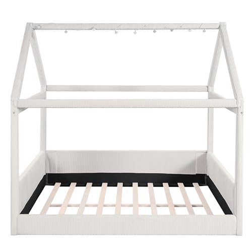 Modern Upholstered House Bed, Floor Upholstered Sofa Daybed with Wood Slat Support,Platform Bed Frame with Headboard/Full, Beige