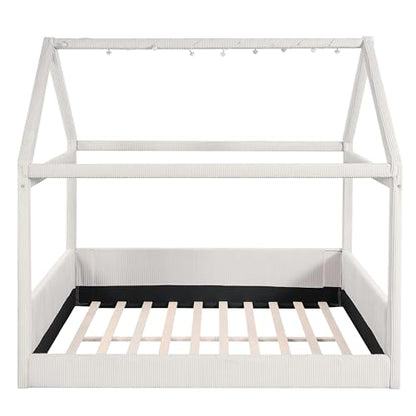 Modern Upholstered House Bed, Floor Upholstered Sofa Daybed with Wood Slat Support,Platform Bed Frame with Headboard/Full, Beige