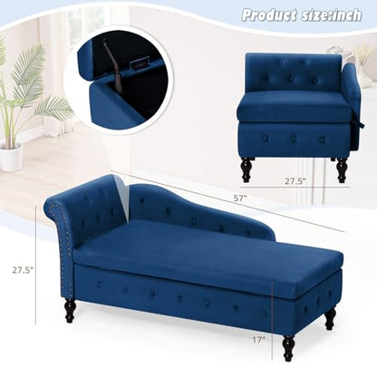 Velvet Chaise Lounge w/Left Armrest & Storage Space, Blue, view 3