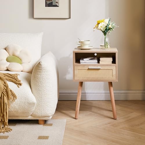 Rattan Nightstand, Boho Side Table with Drawer Open Shelf, Wood Accent Bedside Table, End Table with Legs for Bedroom, Living Room and Small Spaces,Natural UWNS009N
