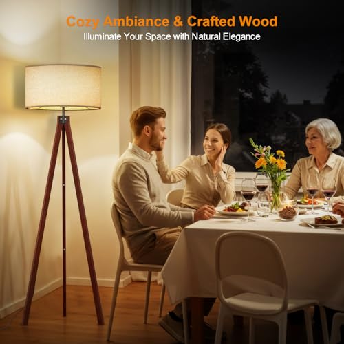 Wood Tripod Floor Lamp, Mid Century Standing Lamp, Modern Design Studying Light for Living Room, Bedroom, Study and Office, Flaxen Linen Shade with E26 Base Brown